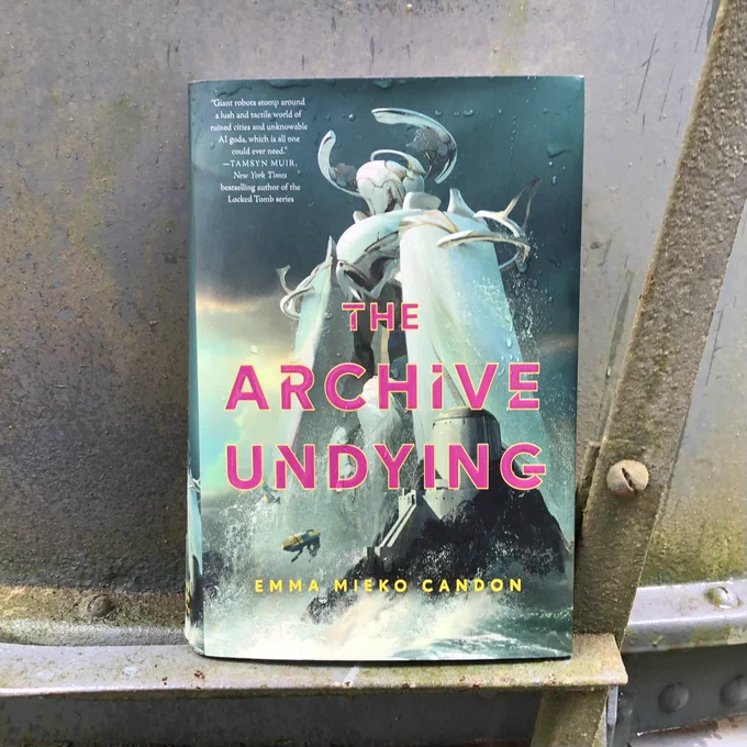 A copy of The Archive Undying by Emma Mieko Candon resting on a metal surface.