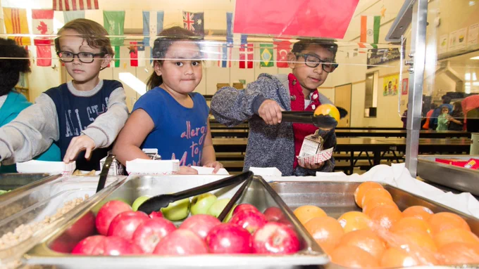 students in line to get lunch