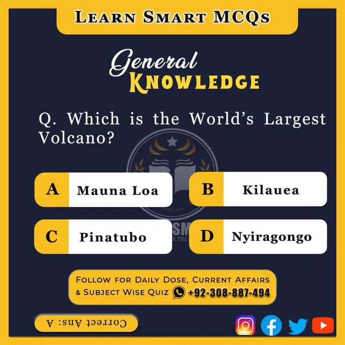 General Knowledge Quiz

Q. Which is the World's Largest Volcano?
A) Mauna Loa
B) Kilauea
C) Pinatubo
D) Nyiragongo

#GeneralKnowledge #GK #MCQs #SPSC #PPSC #KPPSC #UPSC #IAS #PSC #BPSC #GeneralKnowledgeMCQs #FPSC #NTS #LearnSmartMCQs #LearnSmart #Quiz Learn Smart MCQs  #Quizzes #QuizOfTheDay #Largest #Volcano #World