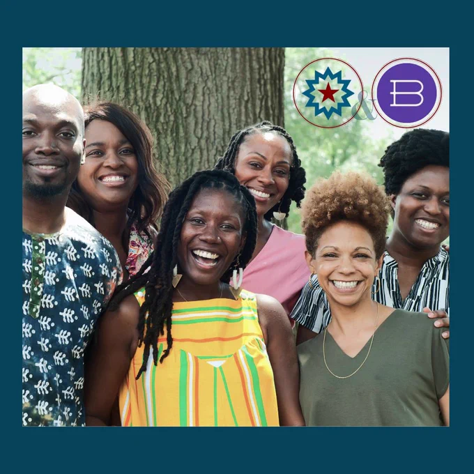 Six adults smiling and laughing while standing outside in front of a tree. One small Getting Word and one small Bookshop.org logo mark sit at the upper right corner, framed by a dark blue square.