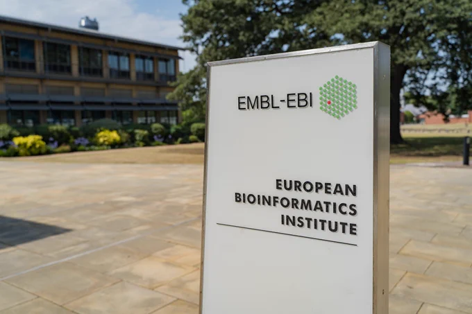 A sign post on the Wellcome Genome Campus states European Bioinformatics Institute