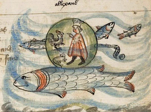 A medieval drawing of a man in a crown, a cat, and a chicken inside a large green bubble under the ocean, surrounded by giant fish