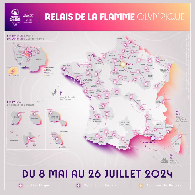 Visuel qui présente le parcours du relais de la flamme olympique du 8 mai au 26 juillet 2024. Ce parcours traverse la France, part dans les Outre Mer et revient en France pour finir en région parisienne puis à Paris le 26 juillet jour de la cérémonie d'ouverture. Le détail de ce parcours est disponible sur le site internet paris2024.org