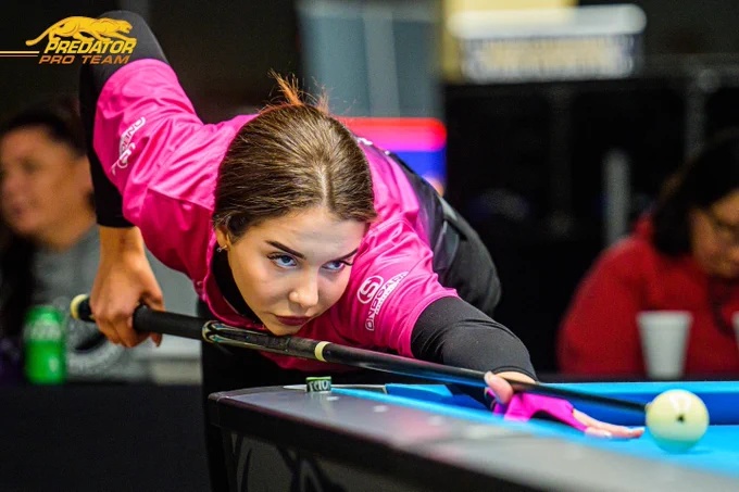 Aleksandra Guleikova making a shot with her Ikon 4-5 Cue.