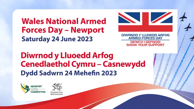 Graphic sharer with an air display team in the background. Armed Forces Day logo and the words “Show Your Support. Wales National Armed Forces Day - Newport Saturday 24 June 2023.
