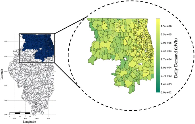 Figure 3. The figure shows @ComEd’s service area in Illinois, highlighted in dark, along with the daily demand for electricity (in kWh) in the company’s operational territory.