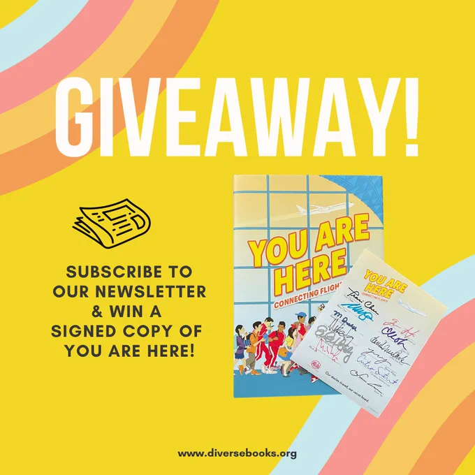 Cover art of the book and signed insert page featuring the signatures of all 12 authors with text that reads, "Giveaway! Subscribe to our newsletter and win a signed copy of You Are Here!".