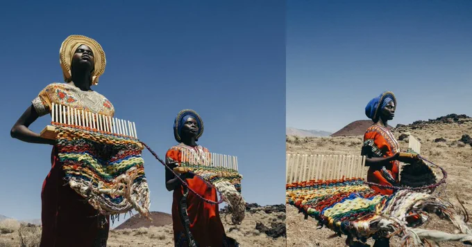 A photomontage of two images. On the left are two Sudanese women standing outside in a desert-like surrounding. They are wearing traditional South Sudanese clothing and accessories and are holding looms with which yarn is being knitted. On the left is one Sudanese woman standing outside in a desert-like surrounding. She is wearing traditional South Sudanese clothing and accessories and is holding a loom with which yarn is being knitted.