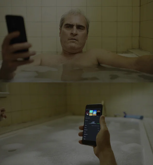 A meme for Letterboxd Friday with stills from Beau is Afraid. Joaquin Phoenix as Beau is lying in his bathtub looking at his phone, and we see the reverse shot of his Letterboxd profile looking back at him.
