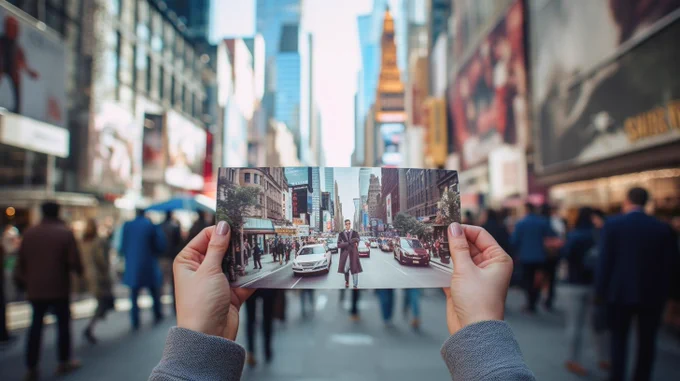 Hand holding a photo of people getting married, New York, hyper realistic, authentic atmosphere, moody colors, daytime --ar 16:9 