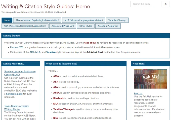 Screenshot of the homepage of the Writing and Citation Style library guide.