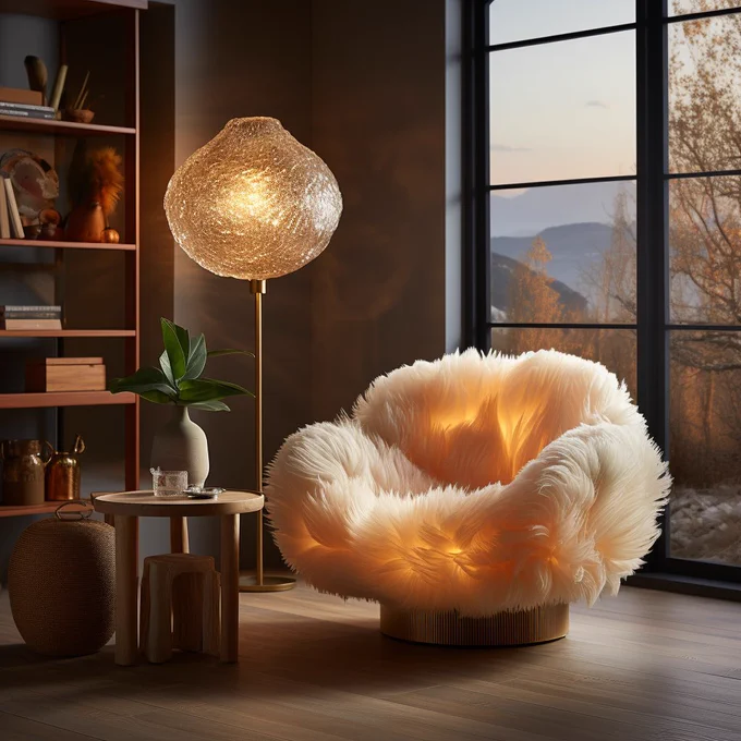 product design, an armchair and a floor light fixture in the shape of translucent pampas grass , neutral tones, soft fabrics, minimal background, centered, front view, dim lit --s 1000