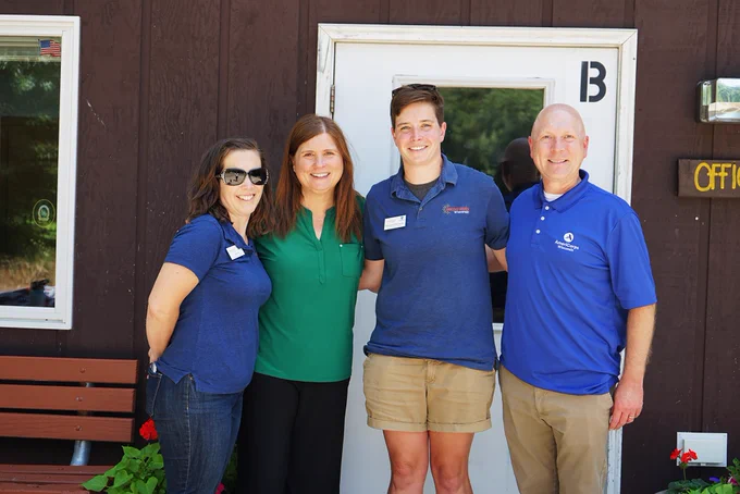 Cally Ehle, director of grants management; Secretary Kathy Blumenfeld; Anna Korb, AmeriCorps program manager; and Kyle Clower, Serve Wisconsin communications officer, at at Easterseals Wisconsin Camp Respite.
