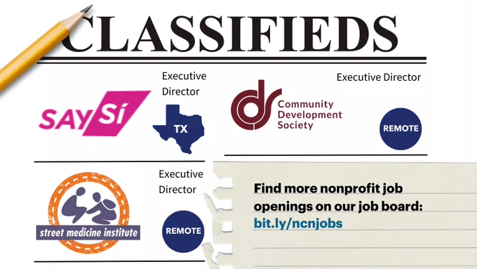 Classified ad with the logos of three organizations and the action to “find more nonprofit job openings on our job board: bit.ly/ncnjobs.”