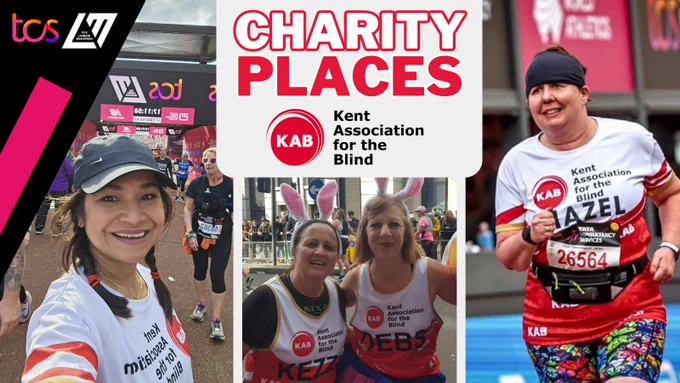 Collage of photos of our runners from the London Marathon 2023. In big lettering in the middle reads: Charity places. 