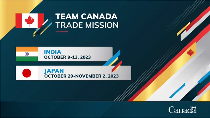 Canadian branding for Team Canada Trade Missions. Text reads as follows “INDIA: OCTOBER NINTH to THIRTEENTH, 2023 and JAPAN: OCTOBER TWENTY NINTH to NOVEMBER SECOND, 2023.