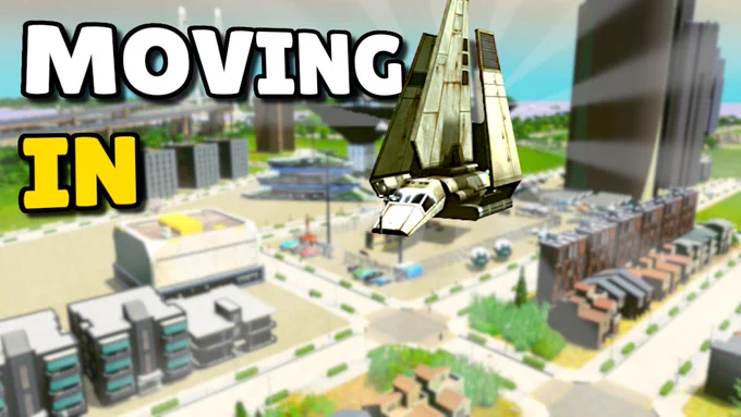 A Youtube thumbnail with a Cities: Skylines view in the background, the words "MOVING IN" in front and on top, and an Imperial shuttle from Star Wars featured prominently. 