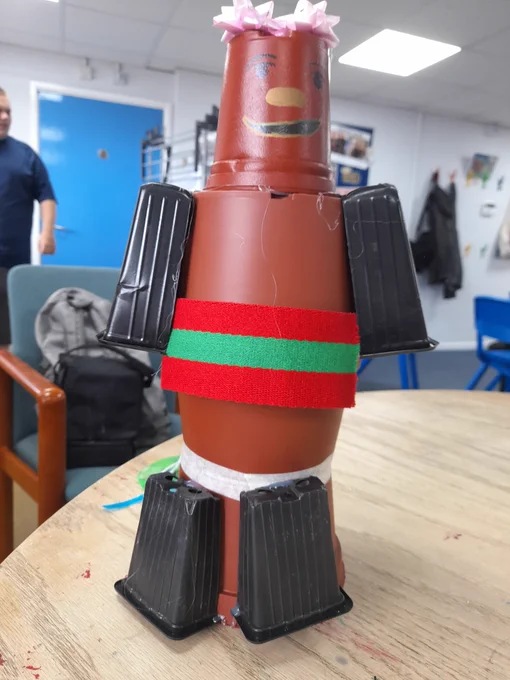 A gnome made out of plant pots, created by one of the young people at Routeways