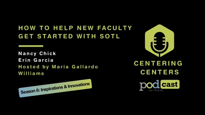 Green centering centers podcast logo (microphone in hexagon) over black background. how to help new faculty get started with SoTL. Nancy Chick, Erin Garcia. Hosted by Maria Gallardo Williams. Season 6: Inspirations & Innovations