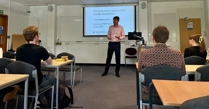 Dr Chris Humphrey speaking to researchers at the University of Nottingham, 21 June 2023. 