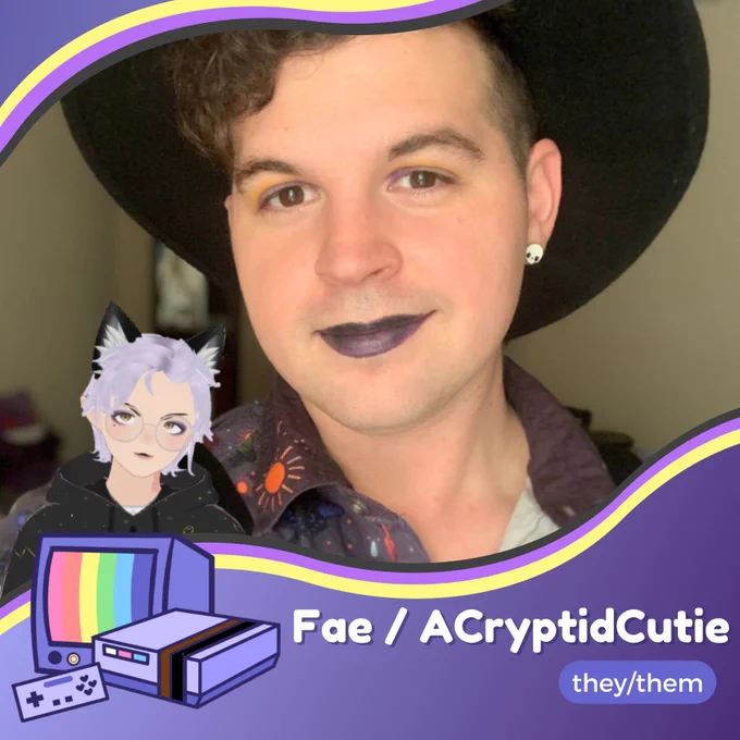 Image showing streamer ACryptidCutie, pronouns they/them, and introducing them as a new member of the Rainbow Arcade stream team.