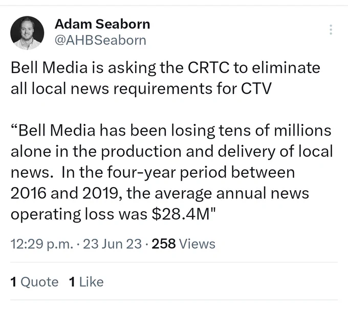 @ahbseaborn Bell Media is asking the CRTC to eliminate all local news requirements for CTV

“Bell Media has been losing tens of millions alone in the production and delivery of local news.  In the four-year period between 2016 and 2019, the average annual news operating loss was $28.4M"
