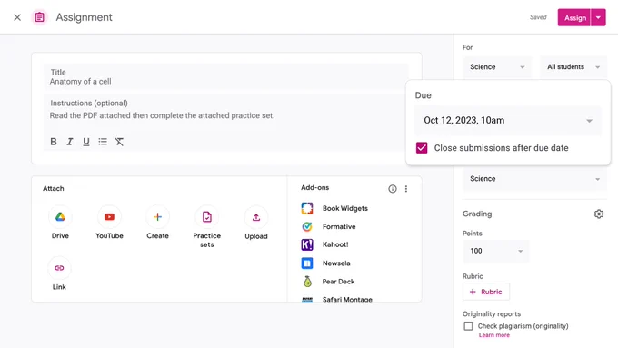 Static visual showing the disable submission option in an assignment in Google Classroom. 