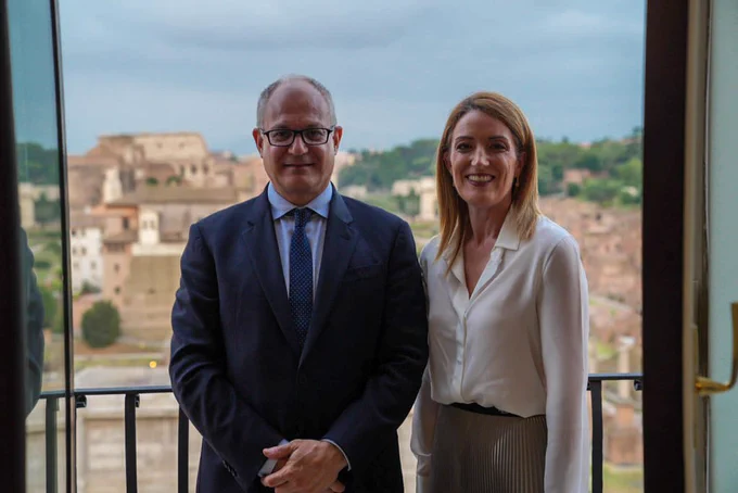 The President of the European Parliament Roberta Metsola and the Mayor of Rome Roberto Gualtieri, at Campidoglio, in Rome, Italy.