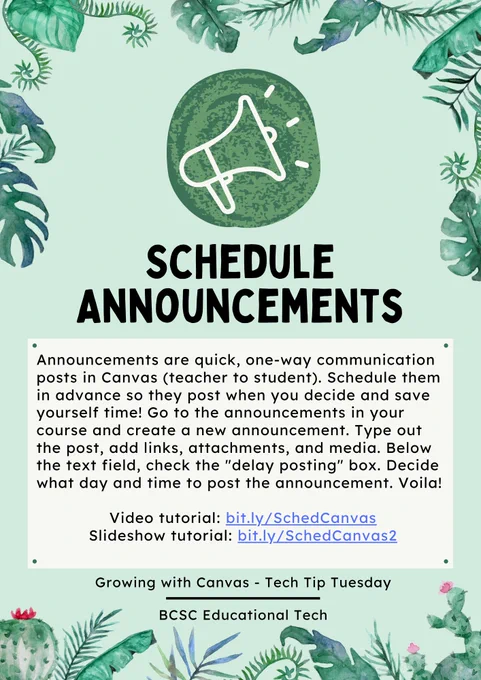 Schedule announcements in Canvas by selecting the delay posting post and picking a day and time, to save yourself time!
