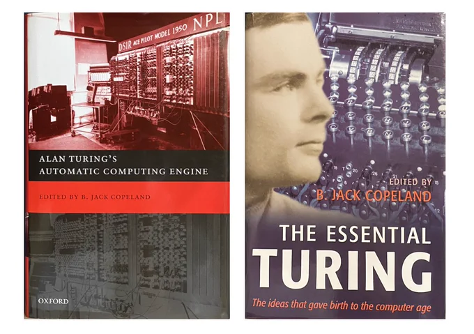 Photo of covers of two books about Alan Turing: both show computing machinery; the second also includes a photograph of Alan Turing.
