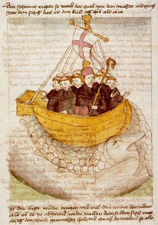 An early Renaissance depiction of Saint Brendan and a whole ton of monks in an anachronistic wooden boat, encircled by a scaly fish monster chomping its own tail