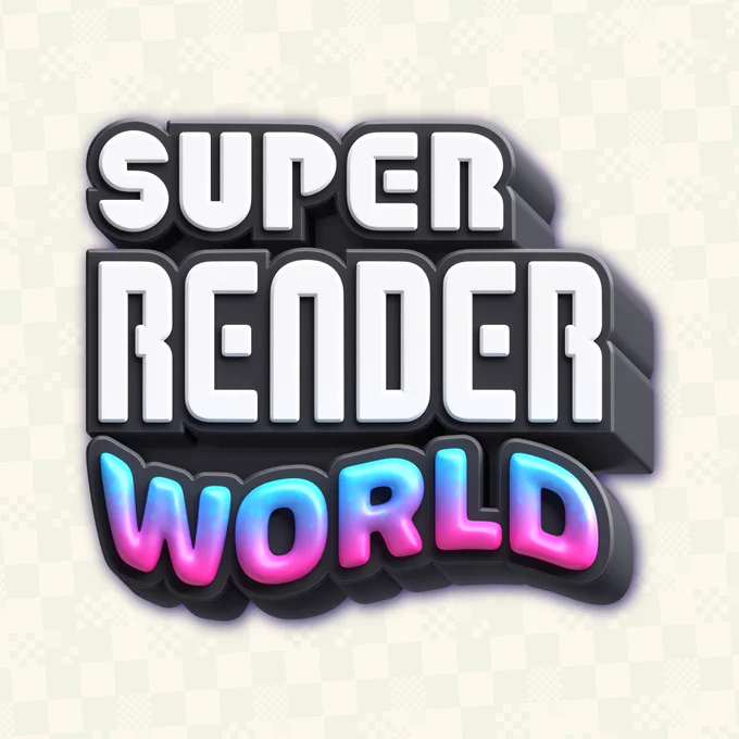 Logo that says Super Render World, each word stacked on top of each other. Logo is in the style of the logo for Super Mario Bros. Wonder.