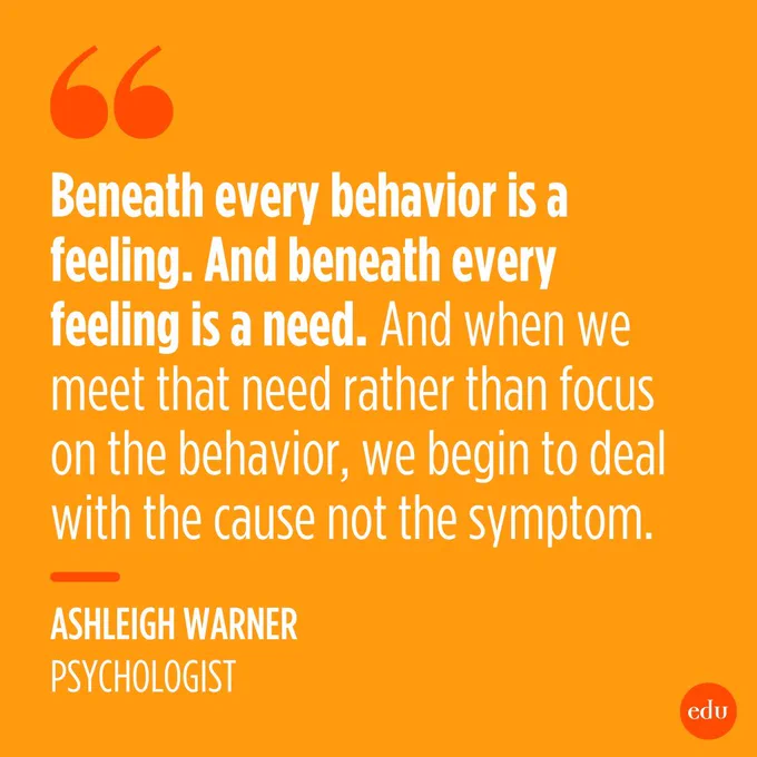"Beneath every behavior is a feeling. And beneath every feeling is a need. And when we meet that need rather than focus on the behavior, we begin to deal with the cause not the symptom." - Ashleigh Warner, Psychologist