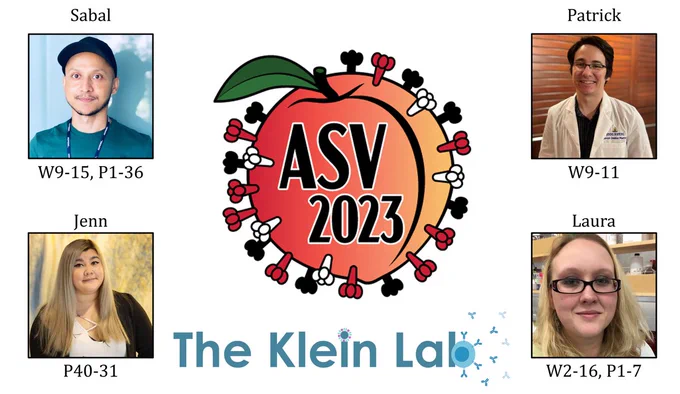 Klein Lab members Sabal, Patrick, Jenn, and Laura (headshots), surrounding the ASV 2023 and Klein lab logos