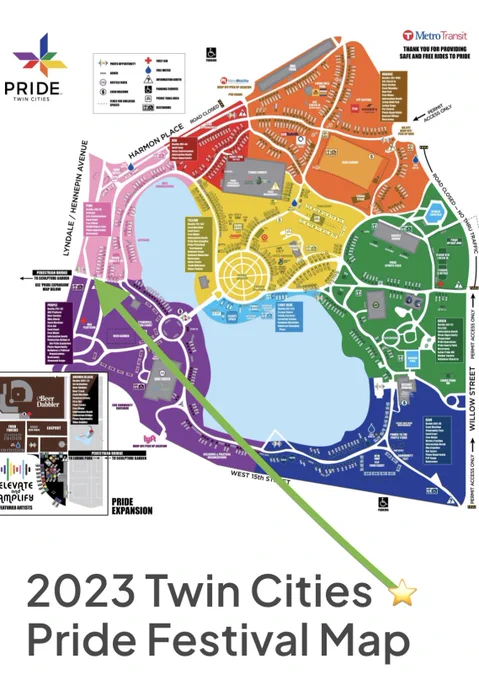 Twin Cities Pride Festival Map showing an arrow to our booth at L0A