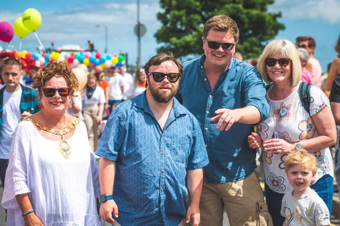 Alderman Gerardine Mulvenna, Oscar winner James Martin, Councillor Aaron Skinner and others at Learning Disability pride in Carrickfergus 