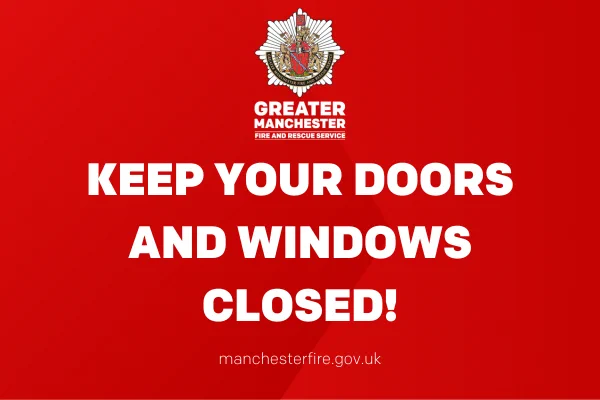 Red background. Graphic text reads, 'Keep your doors and windows closed!'