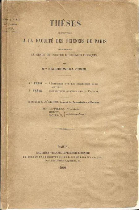 The first page of Marie Curie's doctoral thesis.