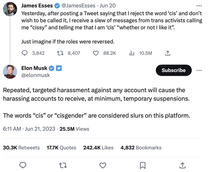 Screen shot of Elon Musk tweeting that the words "cis" and "cisgender" are slurs. 