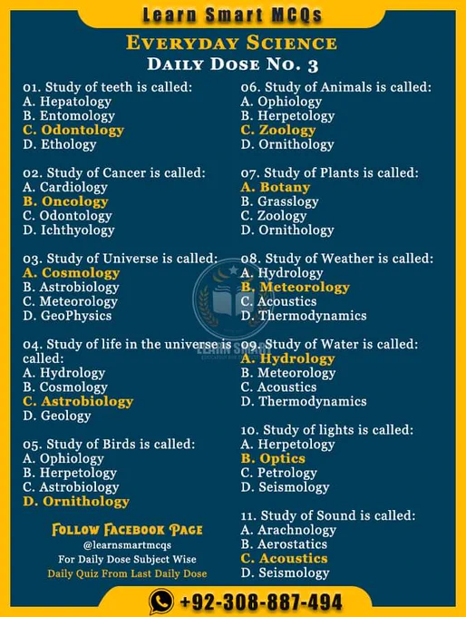 Everyday Science MCQs - Daily Dose No. 03
@learnsmartmcqs 
.
.
.
Site Notes, Topic Wise other subjects Notes & Books For All Competitive Exams Preparation, All One Paper Exams, CSS/PM, FPSC, SPSC, PPSC, KPPSC & BPSC, FIA, ASF, NAB, MOD, IB, Police, Custom etc, IBA, PST, JEST, SST, HST, Head Master, Municipal Officer  Town Officer, TE, NTS, STS, UTS, PTS, ATS, And All other Relevant Exams 
.
.
.
Follow Facebook Page Learn Smart MCQs For more Notes
For Daily Updated Topic wise PDF Notes, Books, Current Affairs, Past Papers Join All Competitive Exams Preparation Paid WhatsApp Group  92-308-8870-494