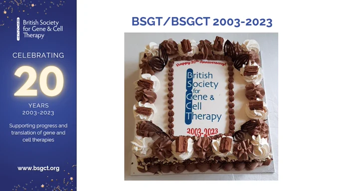 Image with a 20th anniversary blue banner on the left hand side, celebrating twenty years from the foundation of the British Society for Gene and Cell Therapy (2003-2023). The main part of the image is a photograph of a square  chocolate cake decorated with the logo of the society, with a "Happy 20th Anniversary!" banner above the logo and a "2003-2023" banner below it.