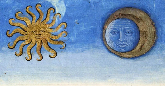 A medieval drawing of a sun and moon with frowning human faces, in gold on a blue background