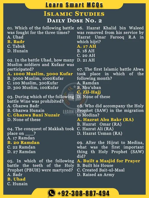 Islamic Studies MCQs - Daily Dose No. 02
@learnsmartmcqs 
.
.
.
Site Notes, Topic Wise other subjects Notes & Books For All Competitive Exams Preparation, All One Paper Exams, CSS/PM, FPSC, SPSC, PPSC, KPPSC & BPSC, FIA, ASF, NAB, MOD, IB, Police, Custom etc, IBA, PST, JEST, SST, HST, Head Master, Municipal Officer  Town Officer, TE, NTS, STS, UTS, PTS, ATS, And All other Relevant Exams 
.
.
.
Follow Facebook Page Learn Smart MCQs For more Notes
For Daily Updated Topic wise PDF Notes, Books, Current Affairs, Past Papers Join All Competitive Exams Preparation Paid WhatsApp Group  92-308-8870-494