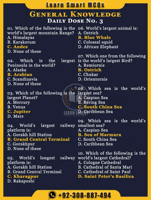 General Knowledge MCQs - Daily Dose No. 03
@learnsmartmcqs 
.
.
.
Site Notes, Topic Wise other subjects Notes & Books For All Competitive Exams Preparation, All One Paper Exams, CSS/PM, FPSC, SPSC, PPSC, KPPSC & BPSC, FIA, ASF, NAB, MOD, IB, Police, Custom etc, IBA, PST, JEST, SST, HST, Head Master, Municipal Officer  Town Officer, TE, NTS, STS, UTS, PTS, ATS, And All other Relevant Exams 
.
.
.
Follow Facebook Page Learn Smart MCQs For more Notes
For Daily Updated Topic wise PDF Notes, Books, Current Affairs, Past Papers Join All Competitive Exams Preparation Paid WhatsApp Group  92-308-8870-494