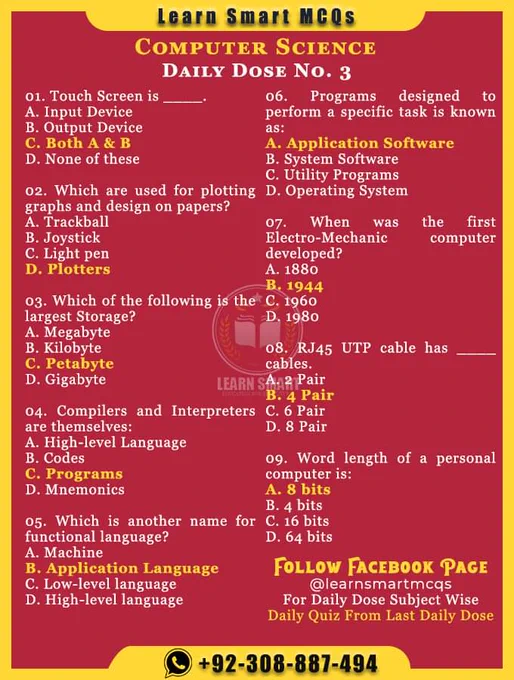 Computer Science MCQs - Daily Dose No. 02
@learnsmartmcqs 
.
.
.
Site Notes, Topic Wise other subjects Notes & Books For All Competitive Exams Preparation, All One Paper Exams, CSS/PM, FPSC, SPSC, PPSC, KPPSC & BPSC, FIA, ASF, NAB, MOD, IB, Police, Custom etc, IBA, PST, JEST, SST, HST, Head Master, Municipal Officer  Town Officer, TE, NTS, STS, UTS, PTS, ATS, And All other Relevant Exams 
.
.
.
Follow Facebook Page Learn Smart MCQs For more Notes
For Daily Updated Topic wise PDF Notes, Books, Current Affairs, Past Papers Join All Competitive Exams Preparation Paid WhatsApp Group  92-308-8870-494