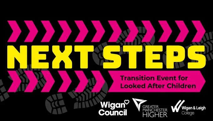 The words Next Steps in yellow with pink arrows surrounding them and a black background. With logos of the sponsors of the event.