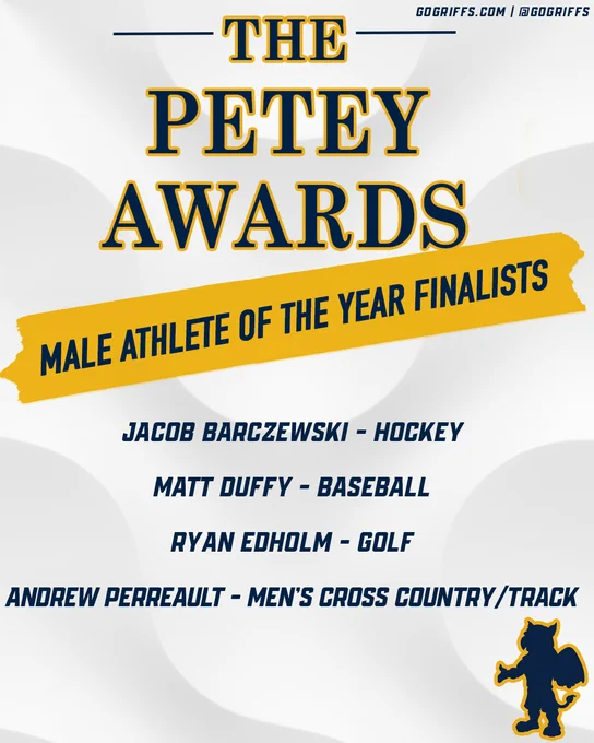 The Petey Awards | Male Athlete of the Year Finalists | Jacob Barczewski - Hockey | Matt Duffy - Baseball | Ryan Edholm - Golf | Andrew Perreault - Men's Cross Country/Track