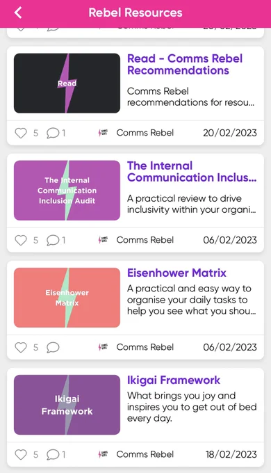A screen grab of the resources page on the CommsRebel platform.