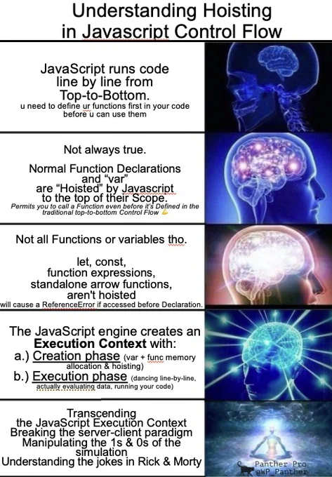 dank OC meme from gangster cat Panther Pro. breaking down understanding hoisting and Javascript Control flow and confusion between the impact of var keyword vs let and const for variables. Also clarifying critical difference that Declared NORMAL Functions with "function keyword" are Hoisted by default, which makes them total chads because then you can call the function before it is actually . Arrow Functions or Function EXPRESSIONs (that have a variable keyword) are not Hoisted by default