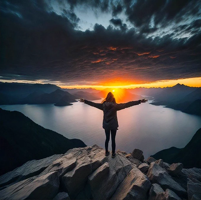 A woman standing on a mountaintop, arms outstretched, with a glorious sunrise in the background --ar 16:9 --5 750